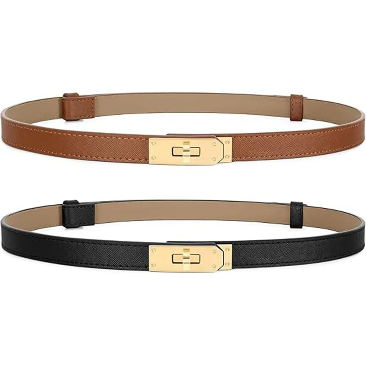 Women Skinny Leather Belt for Dresses Jeans Solid Color Alloy Turn Lock - Brown, Black