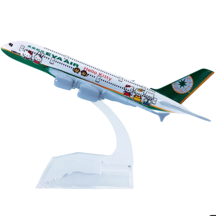 16CM Alloy Airplane Model Airbus A380 EVA Air HelloKitty Livery Scale Model - Green