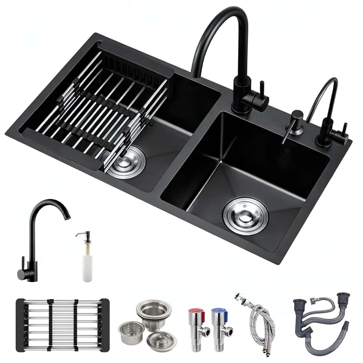 Kitchen Sink, Double Bowl Drop-in/Top-Mount 304 Stainless Steel,80x45cm - Black