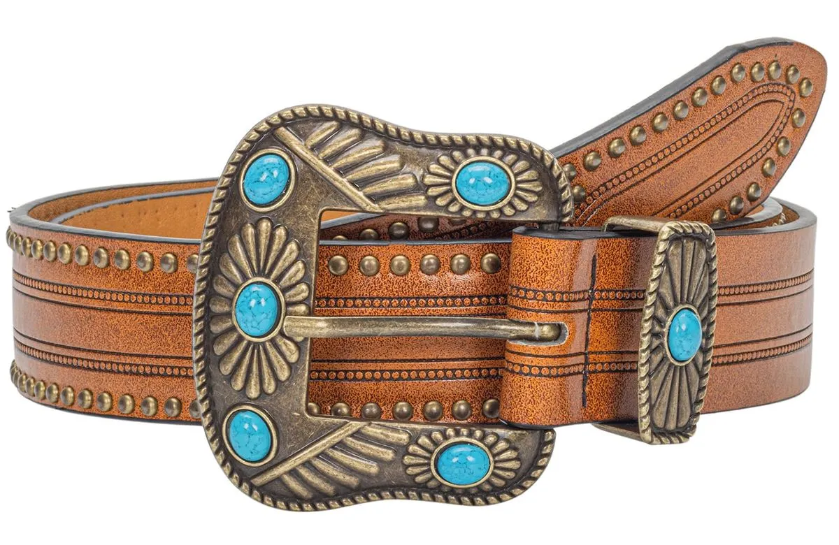 Western Belt for Womens Cowboy Cowgirl PU-Leather Floral Belt