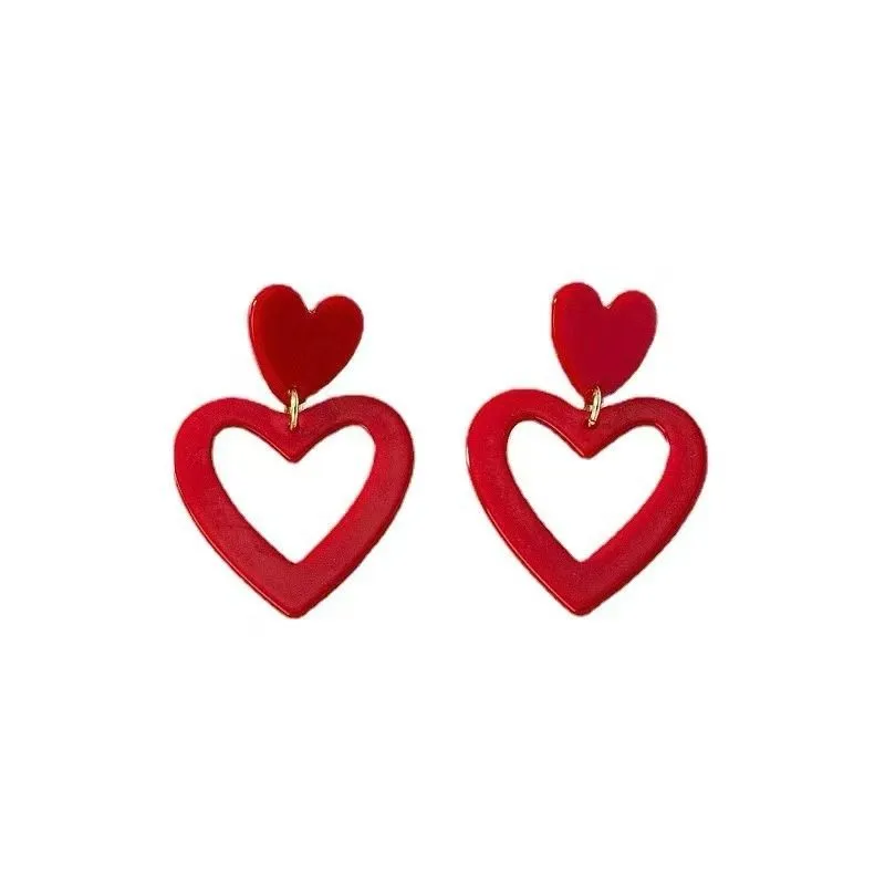 Fashion Simple Design Red Color Heart Drop Earrings Ladies Wedding