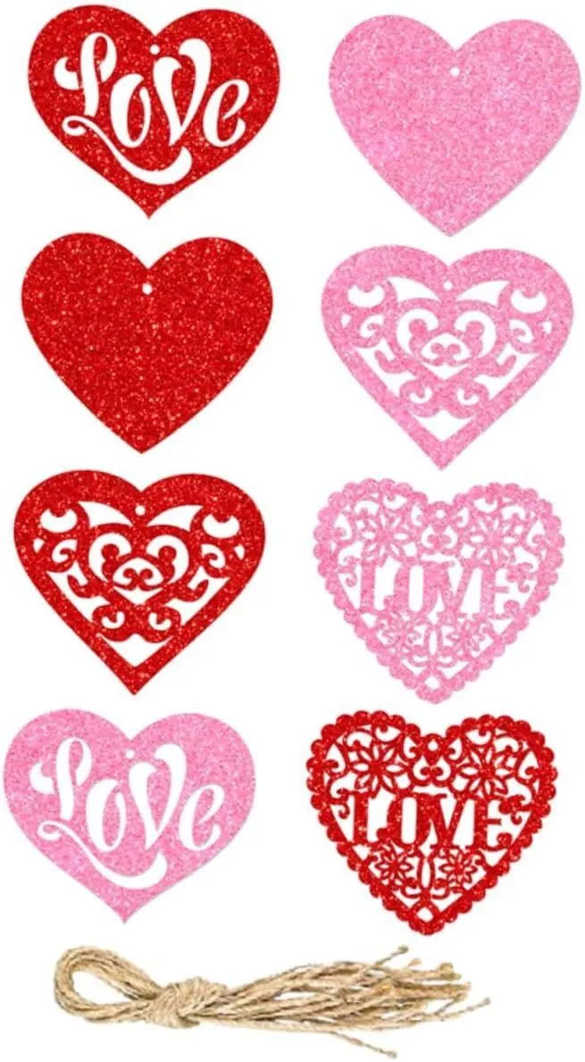 8 Pieces Valentine Heart Hanging Tags Glitter Paper Craft Wrapping Labels