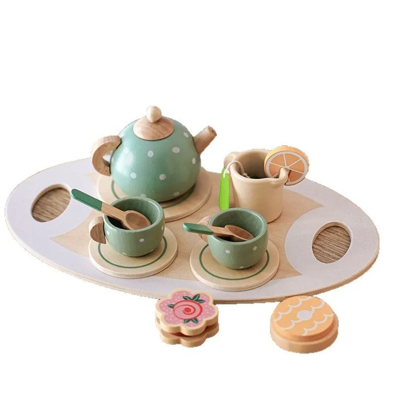 Kids Wooden Tea Set Pretend Play 15pcs - Tray & Accessories