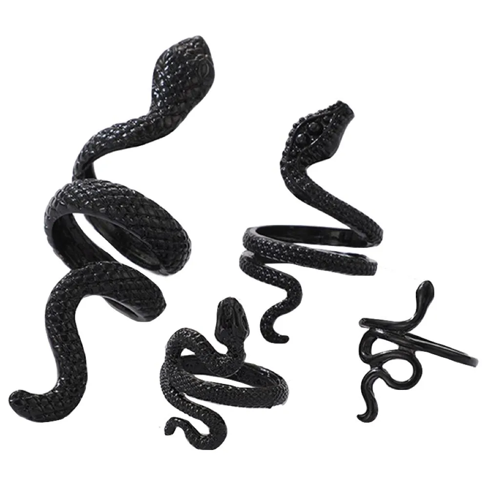 Fashion Four Piece Multi Style Gothic Punk Snake Rings - Black