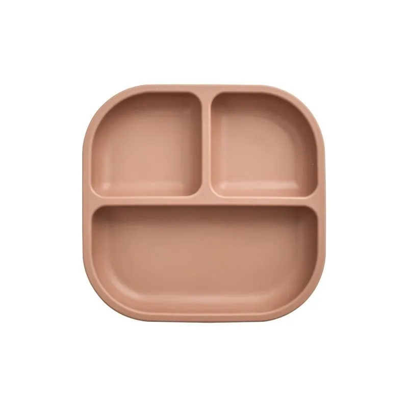 Three Compartment Square Silicone Baby Plate Four Point Suction Dish - Brown