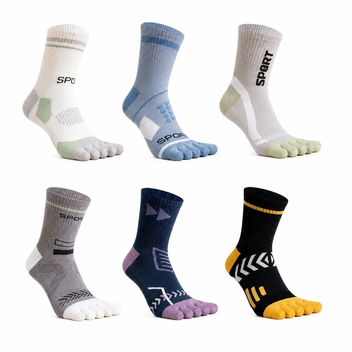 Men's Sport Five-Finger Crew Socks - 6 Pair Assortment