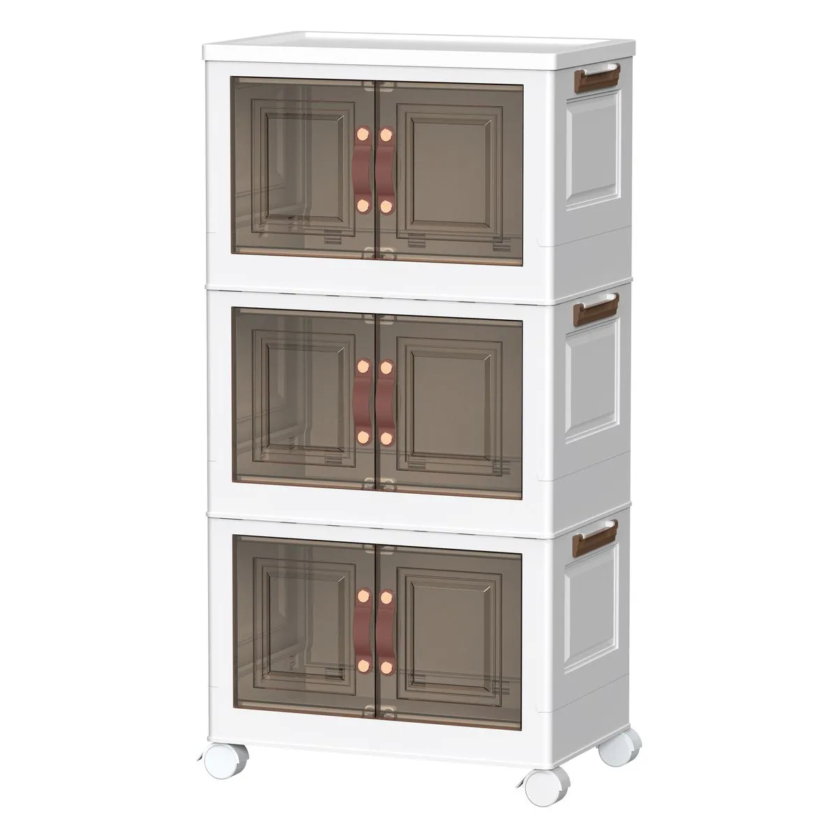 3-Tier Foldable Closet Storage Box with Doors Wheels Collapsible Bins - Transparent