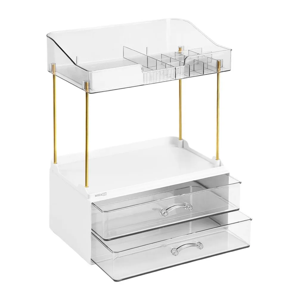 MIkaco 2-Tier Cosmetic Display Stand Vanity Makeup Organizer w/ Drawers - White