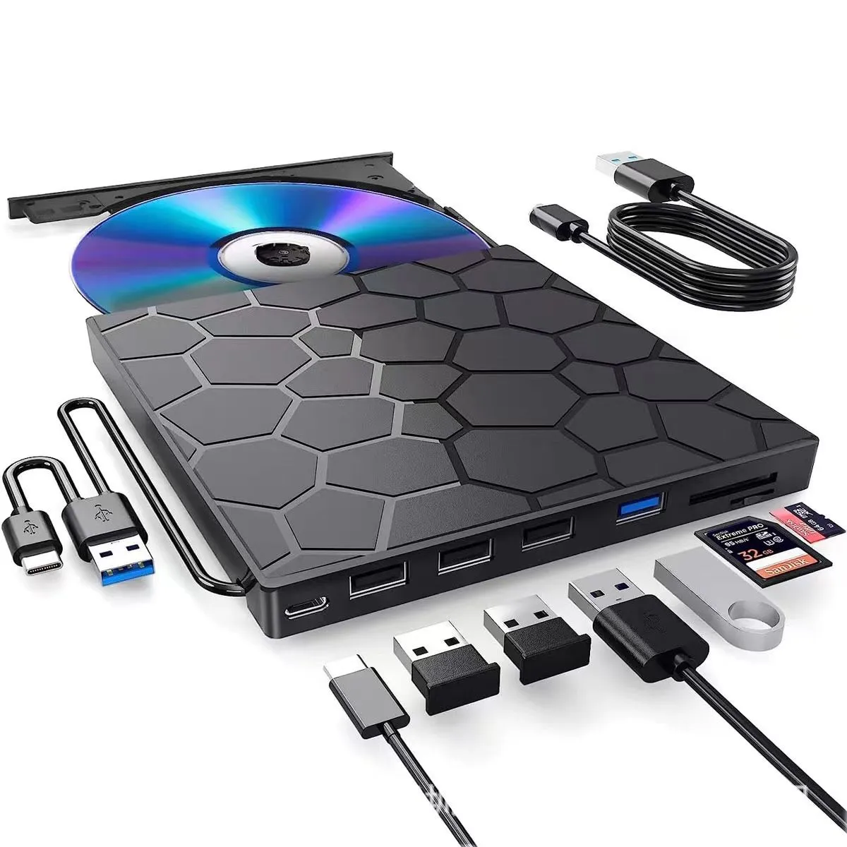 8-in-1 Ultra Slim External CD DVD Drive, USB 3.0 & Type-C Portable DVD RW
