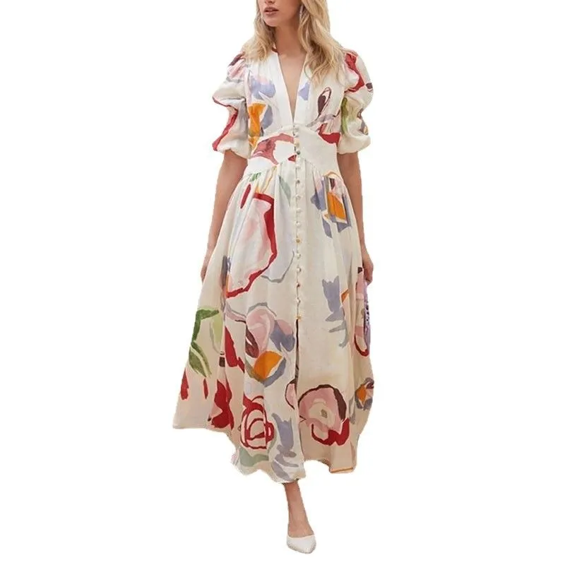 Multi-color Abstract Floral Deep V-Neck Puff Sleeve Button Front Madi Dress - L