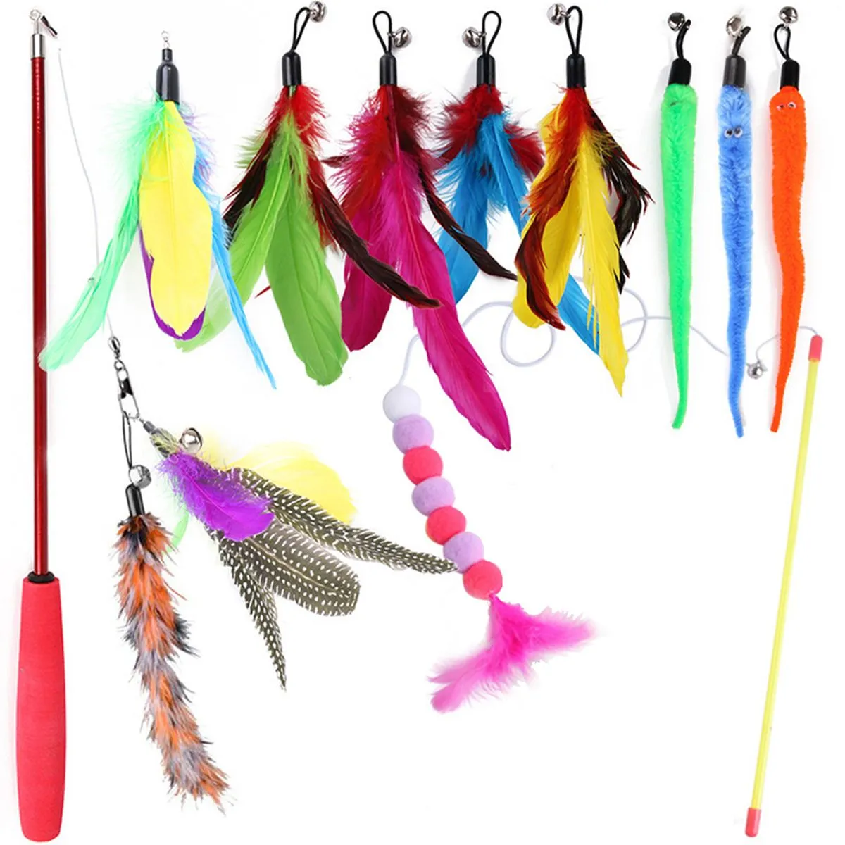 12 Pcs Cat Toys Interactive Wand Teaser Toy Cat Feather Refills with Bell