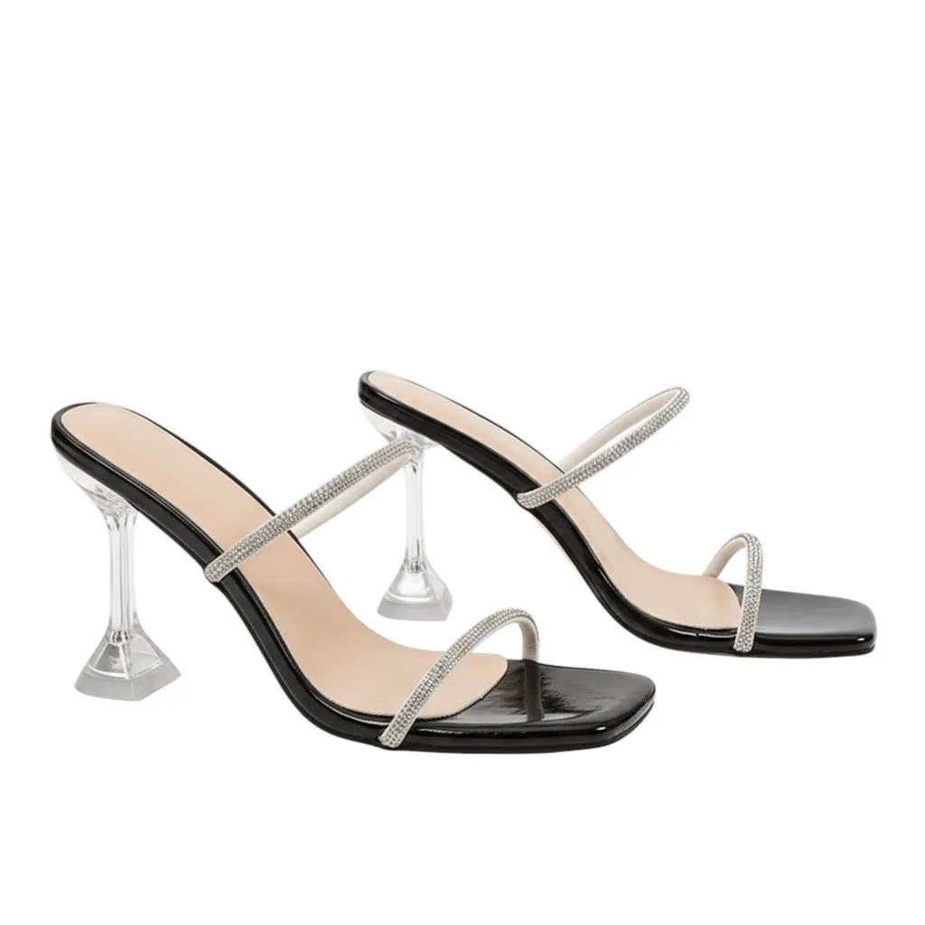 Women's Rhinestone Strap Square-Toe Mule Heels With Clear Heel - Black
