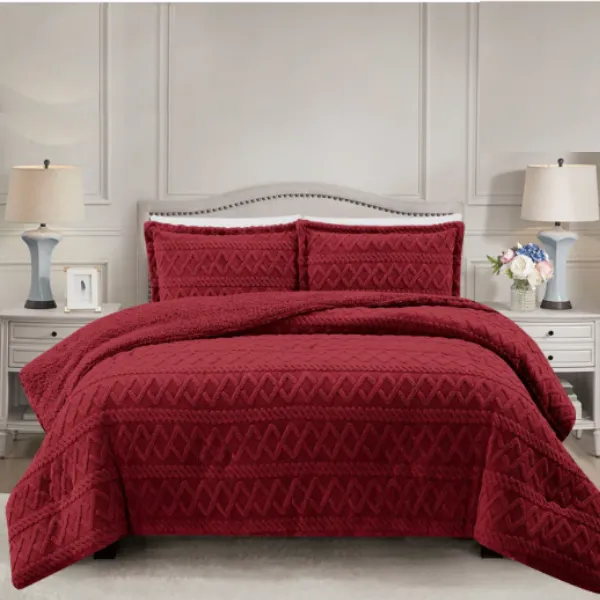 Simon Baker Brooklyn Jacquard Comforter Set with Sherpa - Queen/King - Burgundy
