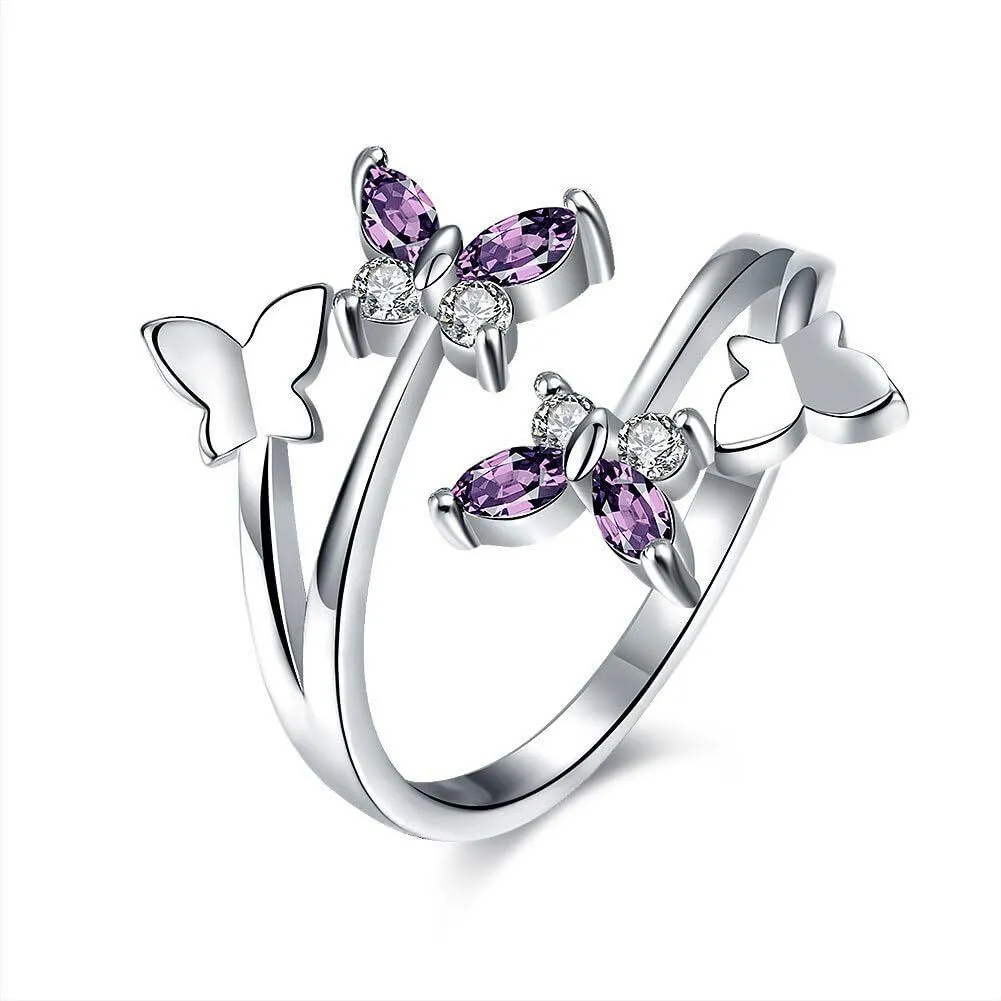Women's Adjustable Size 925 Sterling Silver White Birthstone CZ Butterfly