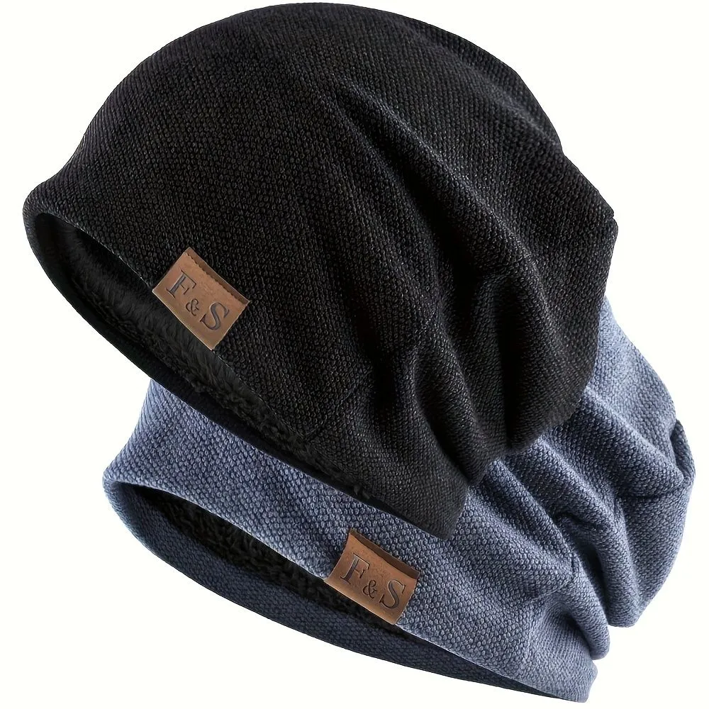 2 Pieces Beanies Soft Thick Warm Loose Knit with Snap Closure Breathable - Black+Blue