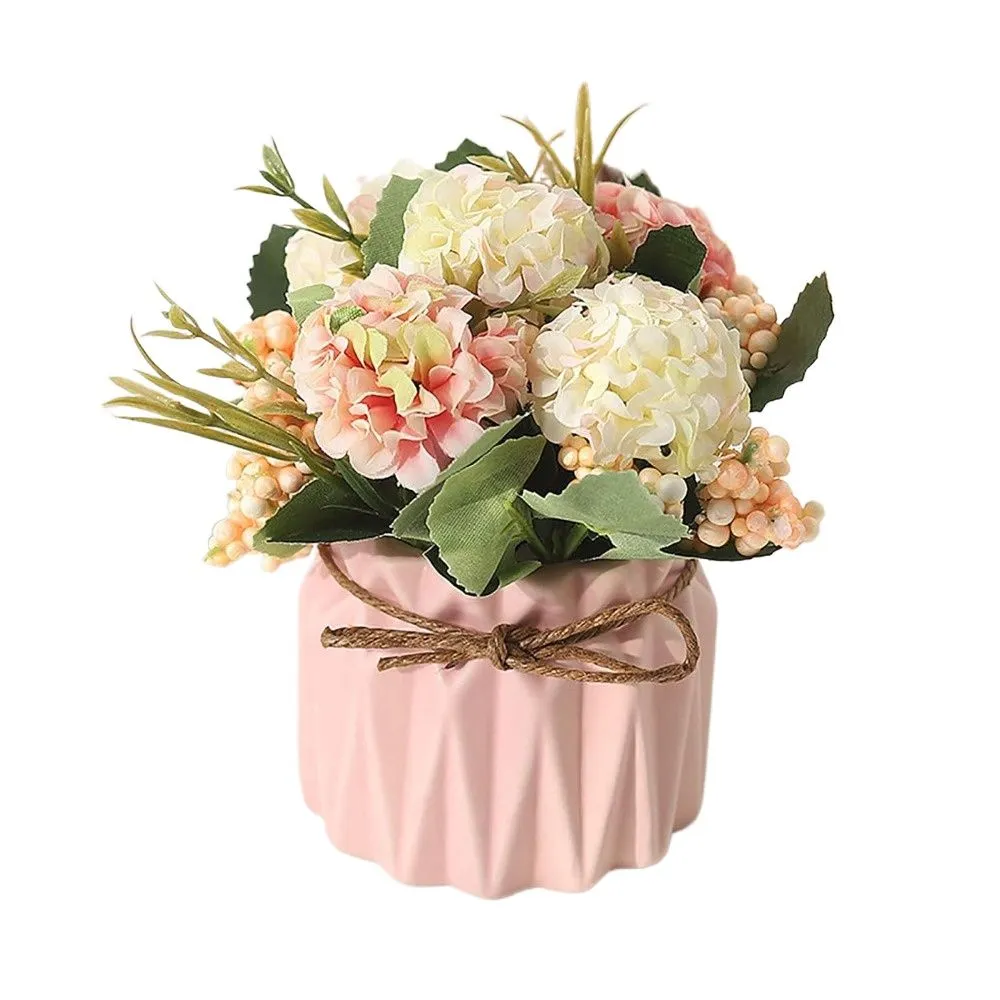 Artificial Hydrangea Potted Flowers, Ceramic Vase, Pink