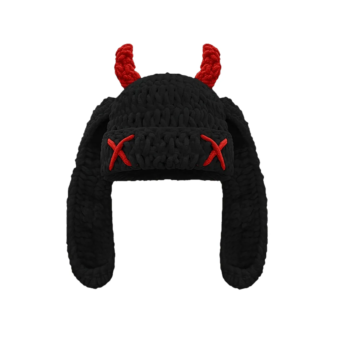 Hand-Knitted Hat Horned Hat Long-Eared Bunny Devil Unique Wool Hat - Black