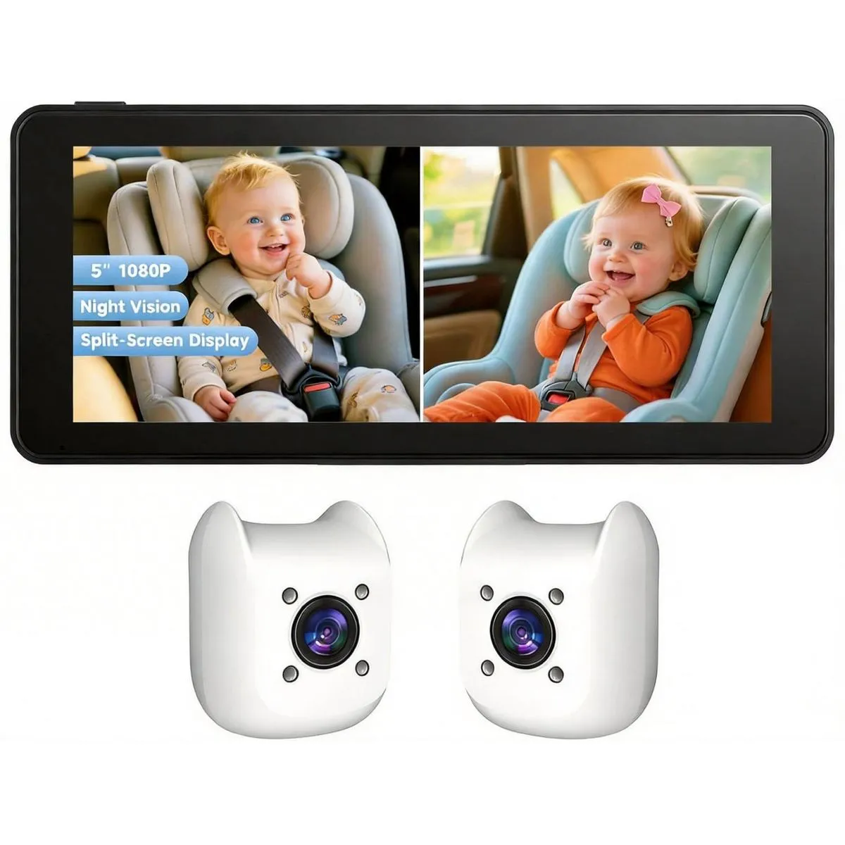 THL Double Baby Car Camera with 5" Split Screen, 1080P HD Car Baby Monitor