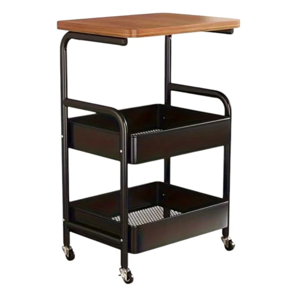 Nordic Moveable Double-Layer Side-Table Storage Trolley - Black, Brown