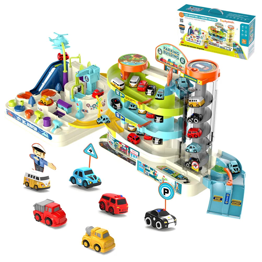 Topika Kids Car Adventure & Parking Building Game Set, Track Car Toy