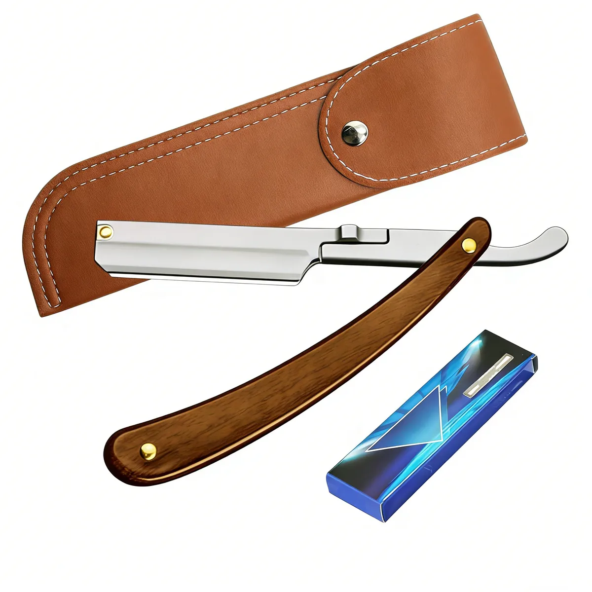 Wooden Handle Straight Edge Razor with 10 Blades and Knife Bag Shaving Tool
