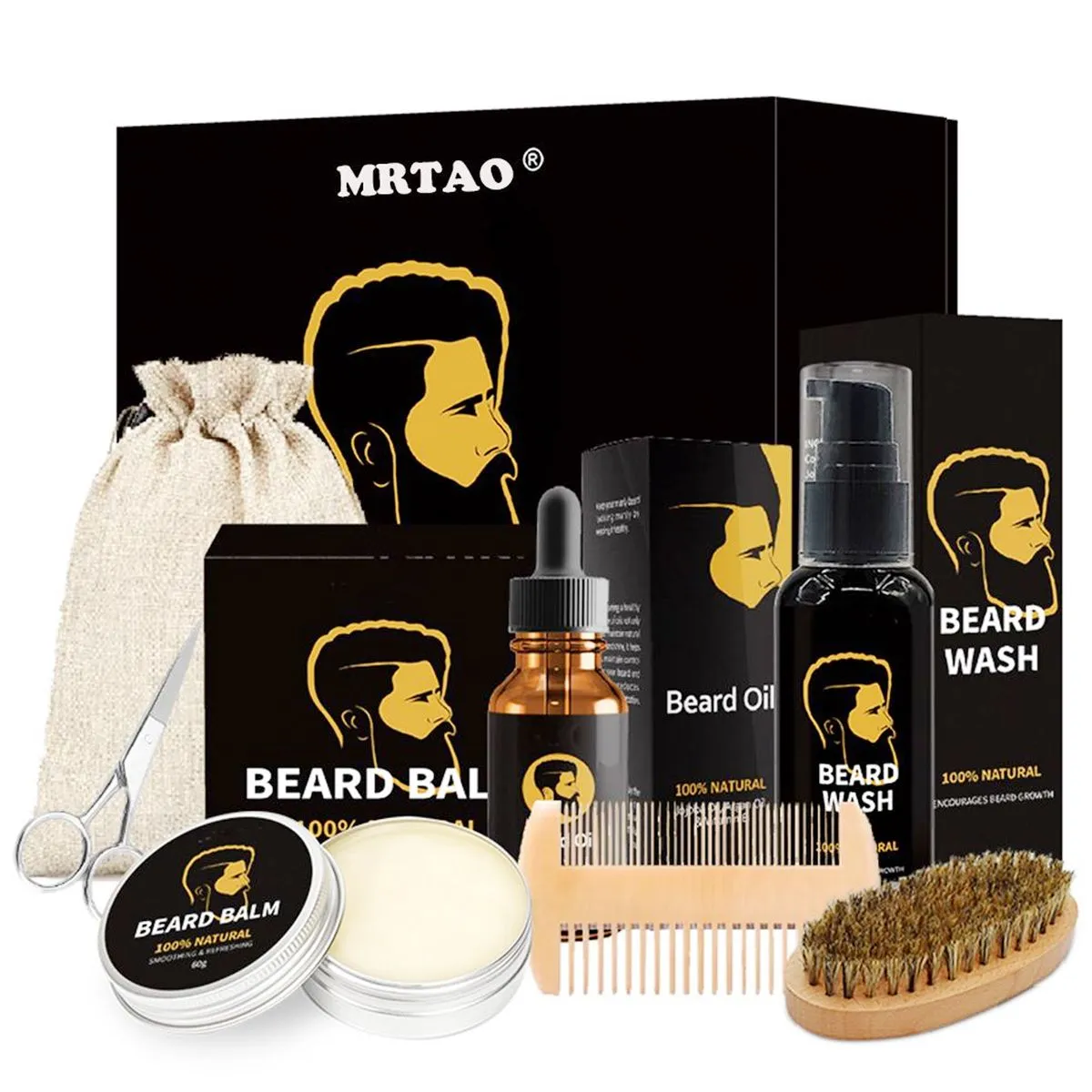 7pcs Beard Care Kit for Men Grooming Set Gift Box with Shampoo Oil Balm