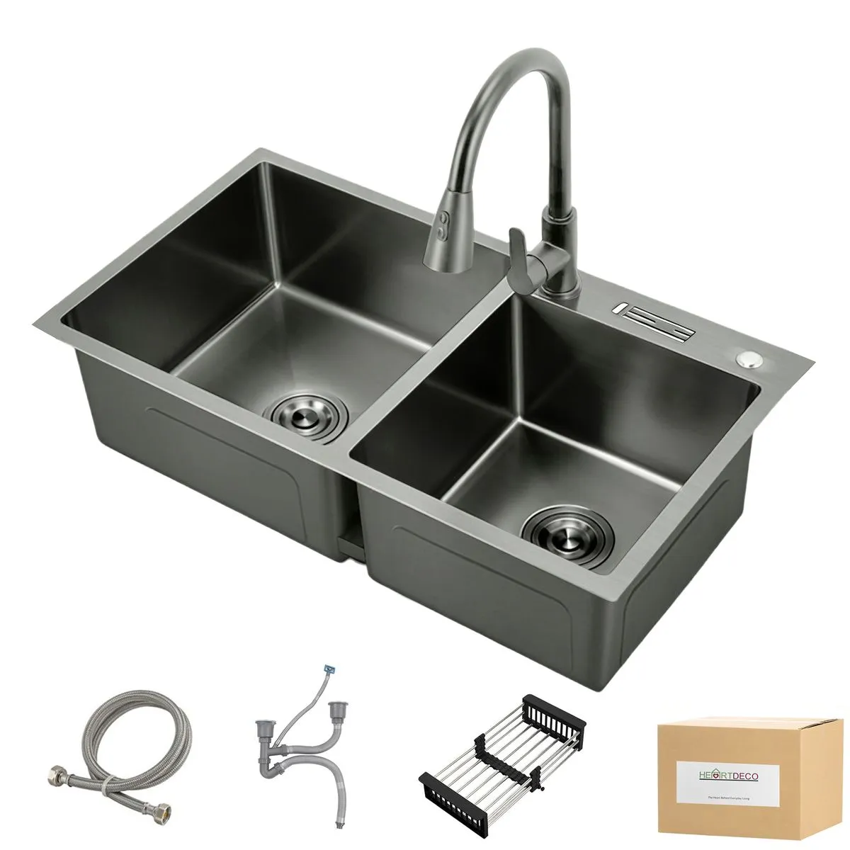 Heartdeco Double Bowl Stainless Steel Kitchen Sink (78 x 43cm) - Dark Gray