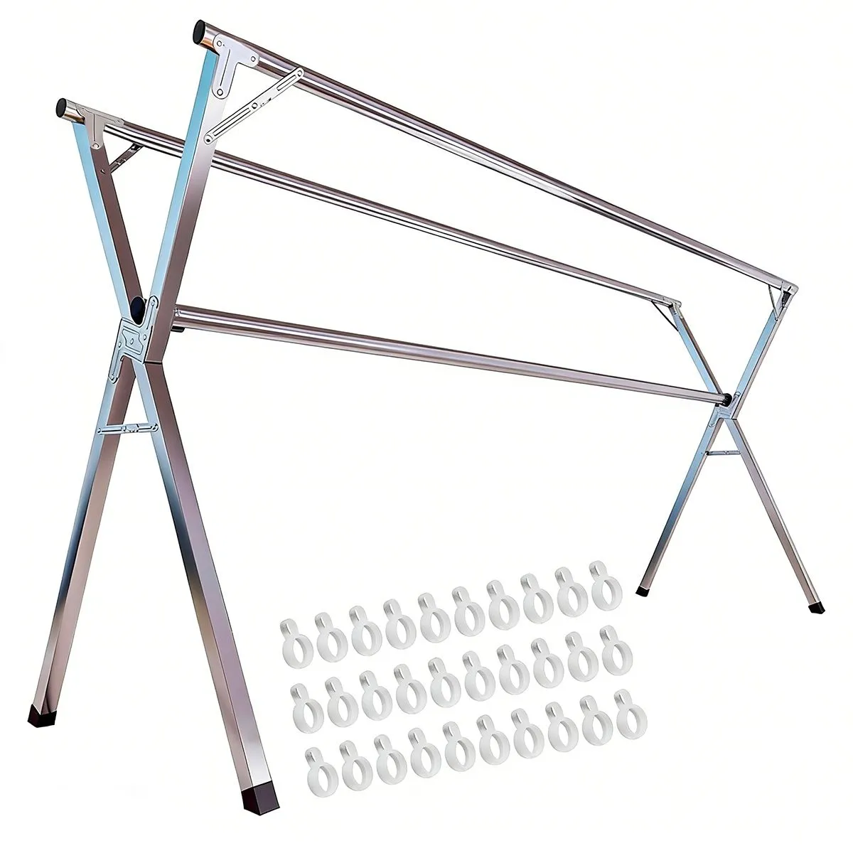 Clothing Storage Rack Adjustable Stainless Steel Foldable with 30 Hooks