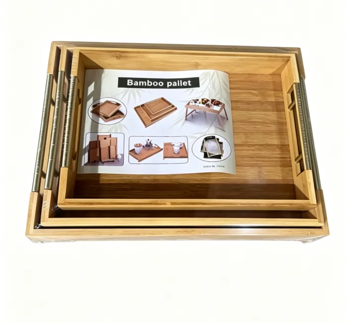 3 Pack Natural Bamboo Serving Trays with Metal Handles