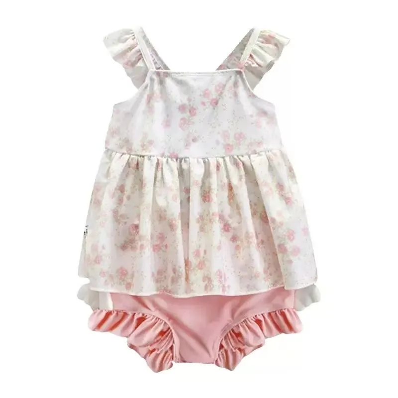 Girls' floral print halter swimsuit, anti-exposure skirt style swimsuit