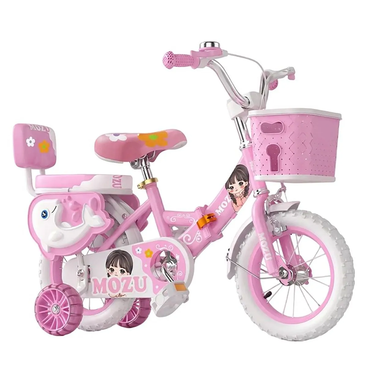 Folding Kids Bike with Training Wheels & Basket, Safe Bicycle for Girls - Pink