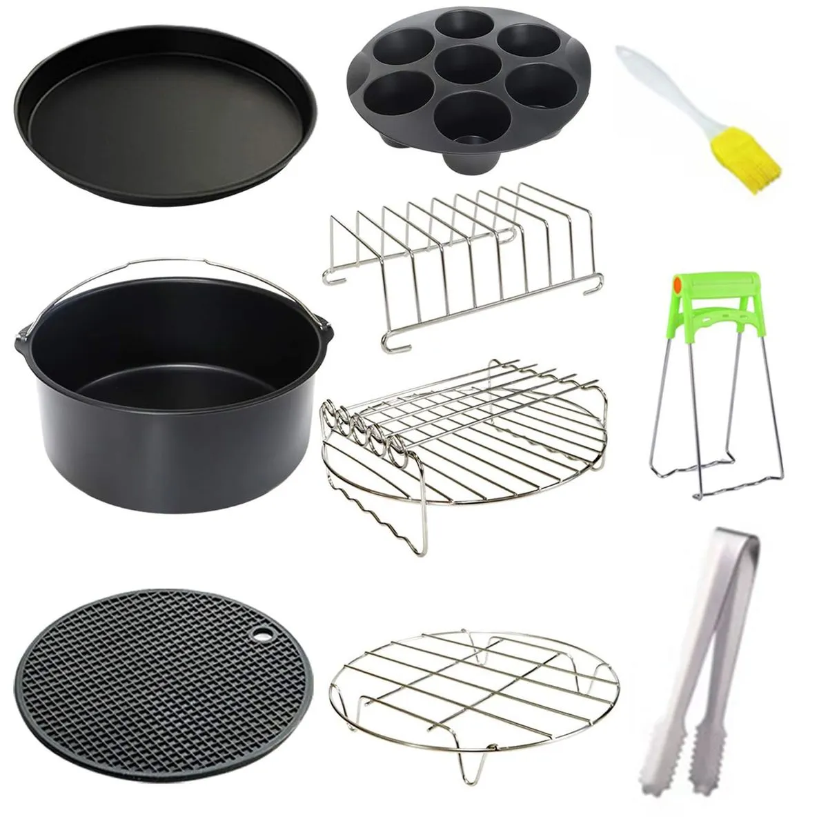 Air Fryer Accessories Grilling Baking set cake mold baking tools - 10 Piece - Black-7 Inch