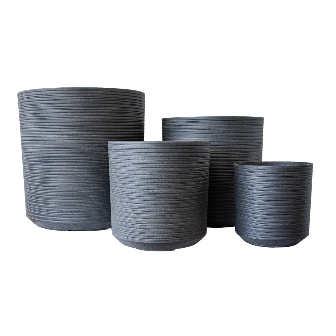 Flower Pots and Planters, Ultralight Ribbed 8.6kg/Set 4 Cylindrical Fluted - Eclipse Grey