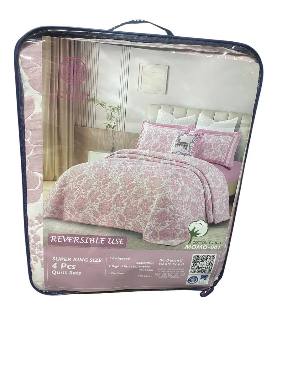 Reversible Super King Size-Pastal Colour-4 Pieces-Quilt Set - Pink, White