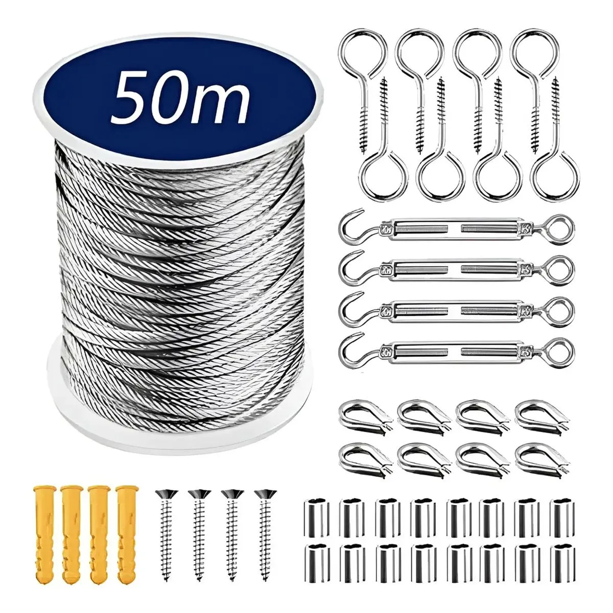 50m Heavy Duty Adjustable Steel Rope With Mounting Accessories 45 Pieces