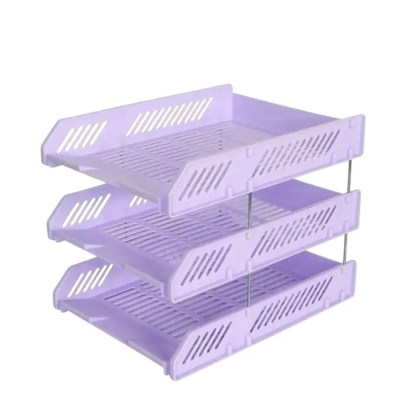 3 Layers File Tray Holders Desktop File Storage Shelf A4 File Organizer - Dark Purple