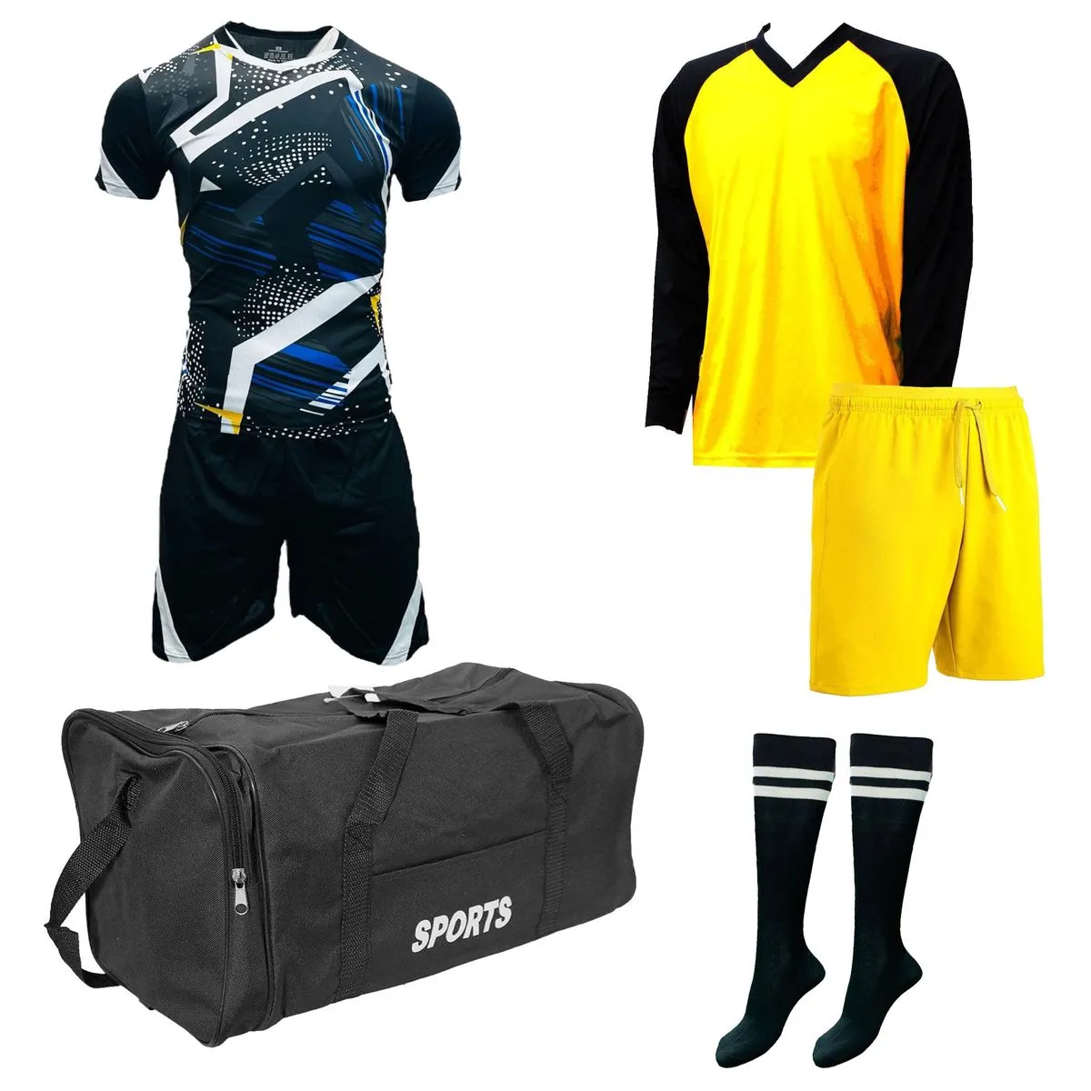 Soccer Kit & Goalkeeper Set with Kit Bag - Football Team of 15 - Black & White