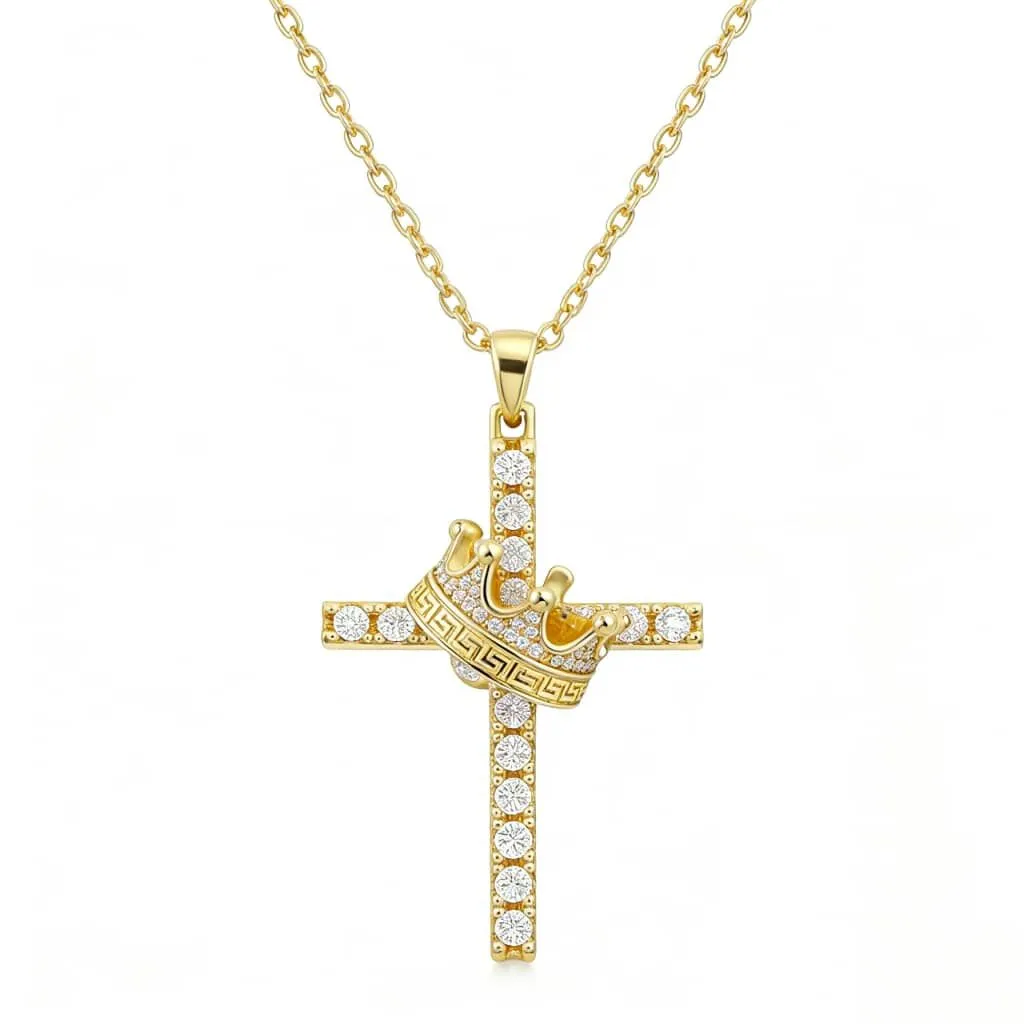 Cross Crown Necklace Men's Women's Cross Pendant Necklace Jesus Christ - Gold