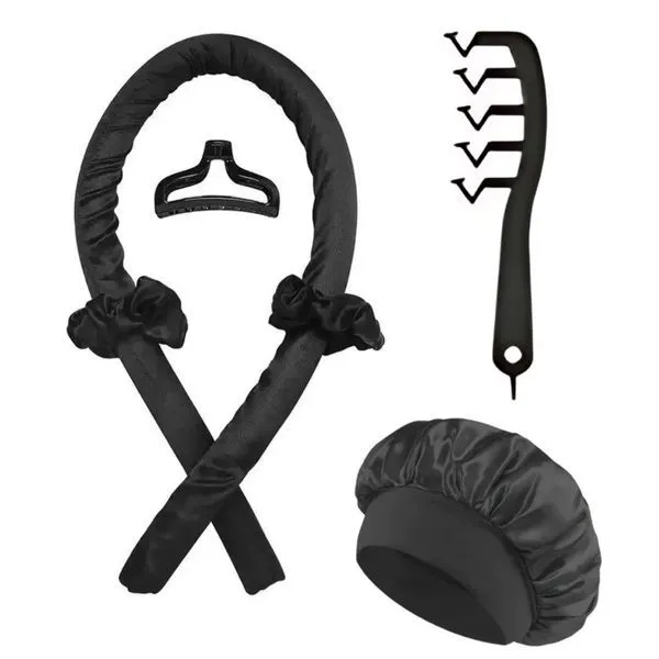 6PCS Heatless Hair Curling Set Satin Bonnet Overnight Curling Kit - Black