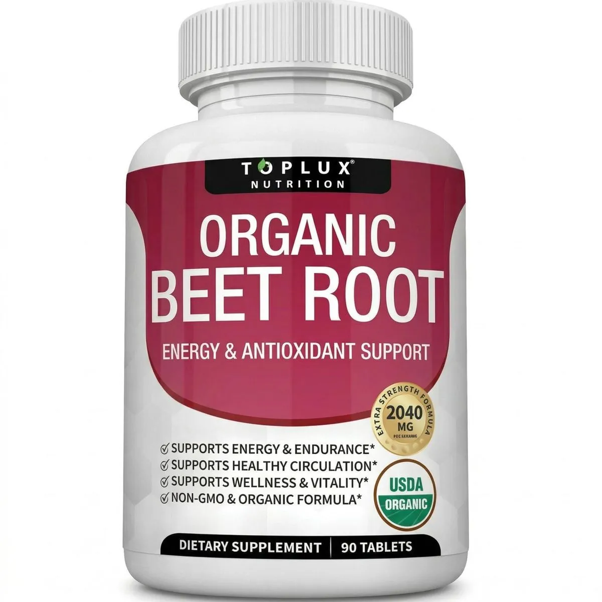 2040mg Organic Beet Root Tablets with Black Pepper - 90 Count