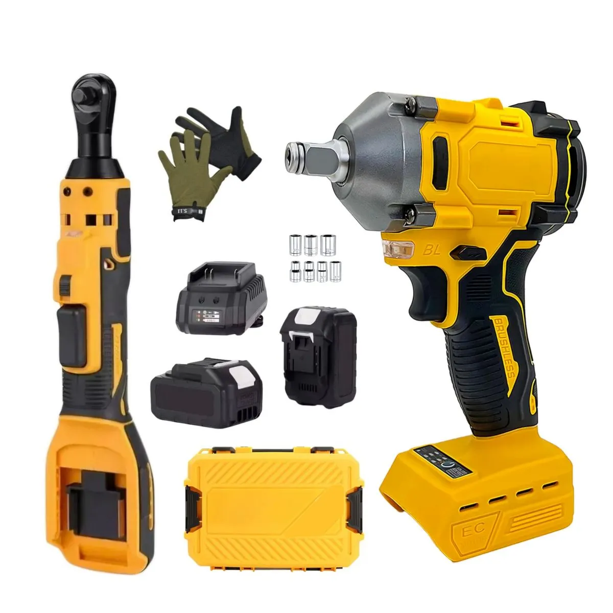 Box End 1/2 inch Impact Wrench & 90 Degree Cordless Ratchet, Case & Gloves