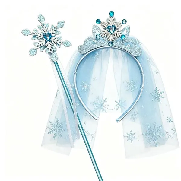 Snowflake Princess Crown Veil & Magic Wand Set Girls Fairy Cosplay Blue