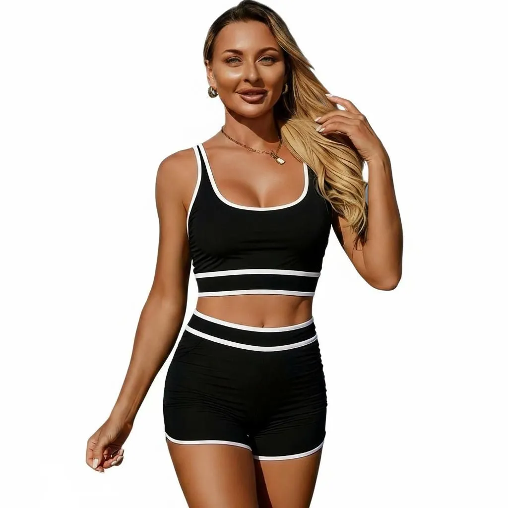 Women's Two Piece Sporty Bikini Swimsuit Crop Top Boy Shorts Bathing Suits