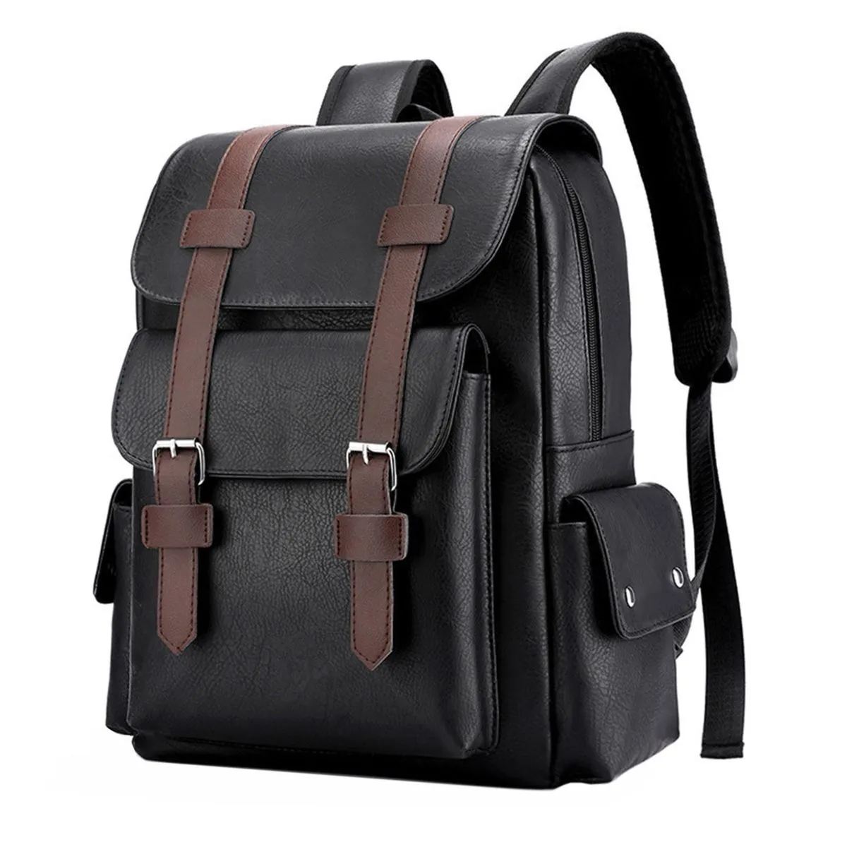 Large Capacity Leather Laptop Backpack Business Travel Waterproof Bag - Black