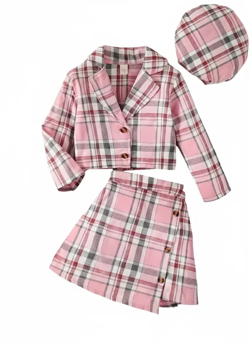 Cute Pink Plaid Baby Button Coat Outfit With Hat