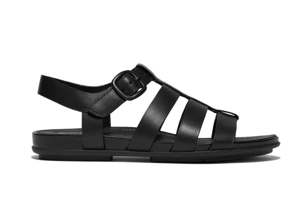 FitFlop Gracie Rubber-Buckle Leather Fisherman Sandals All Black