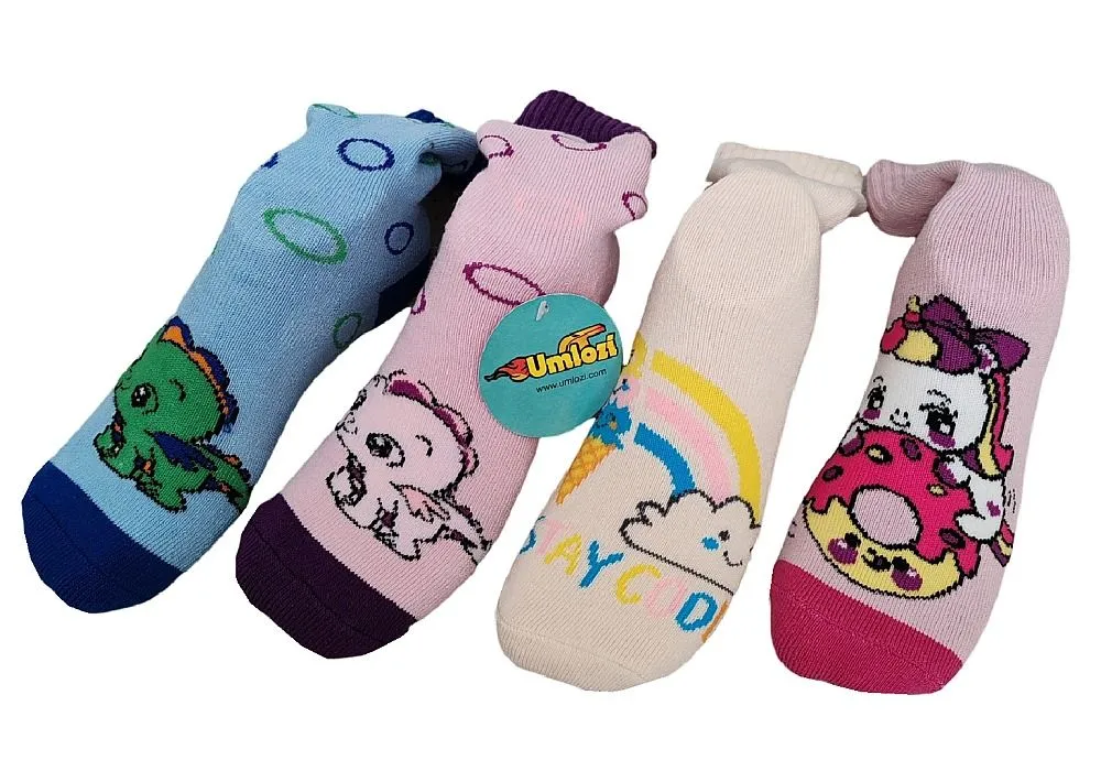 Kids Slipper Socks with Non-Slip Grip Pads - Assorted 4 Pack - Junior Shoe Size 9 -11