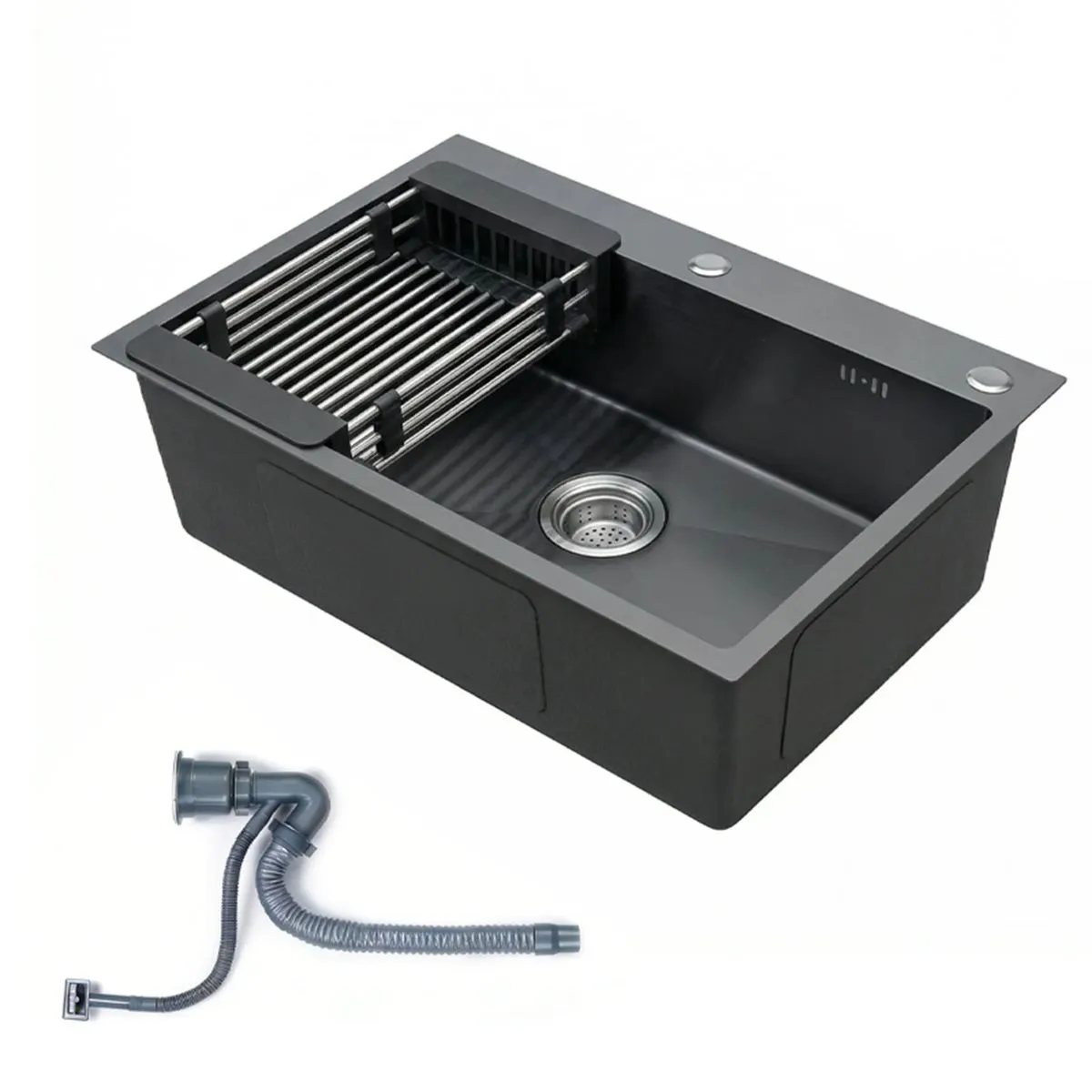 Stainless Steel Black Single Basin Kitchen Sink with Hose and Drain Basket