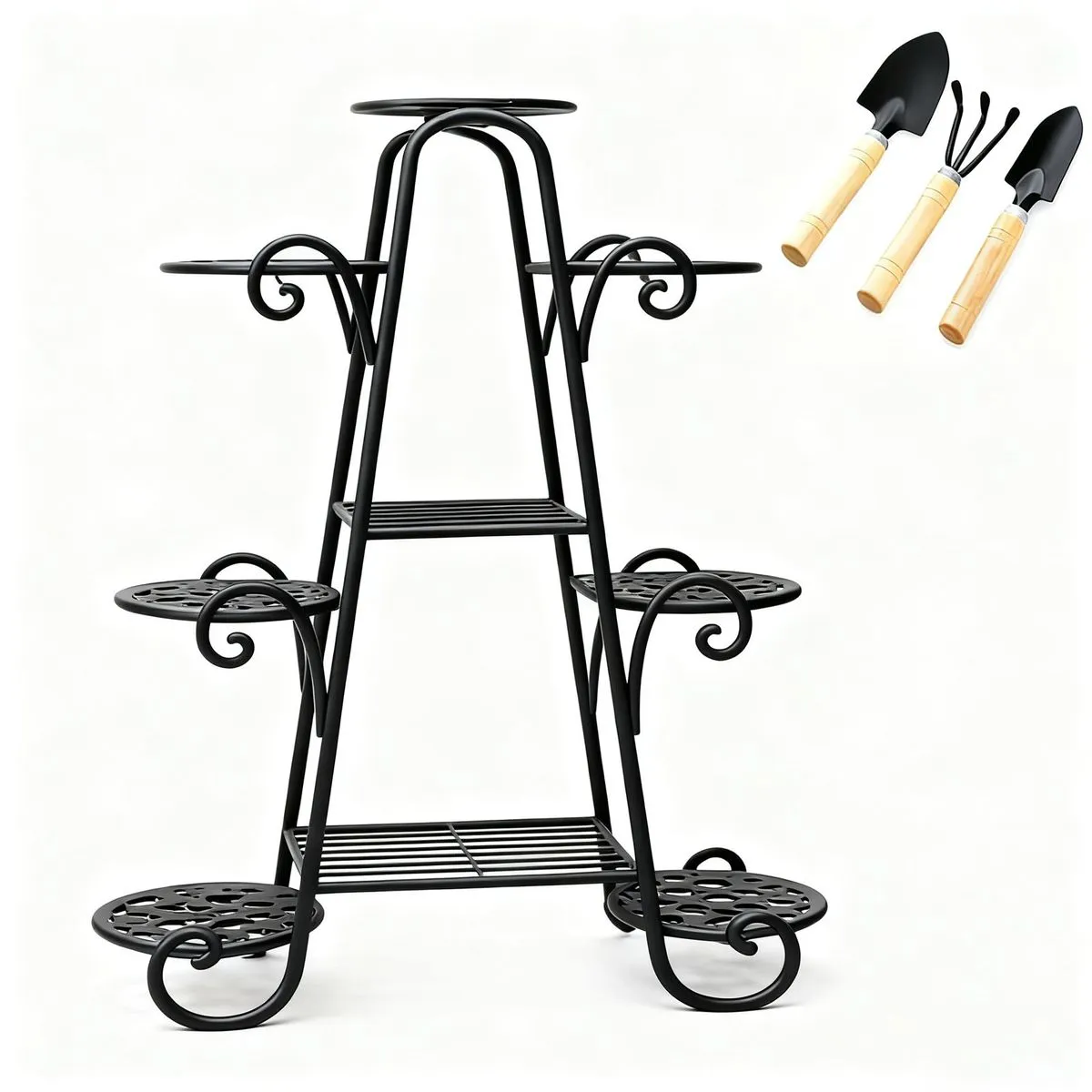 9 Tier Plant Stand Flower Metal Pot Rack Decorative for Patio with Tools - Black