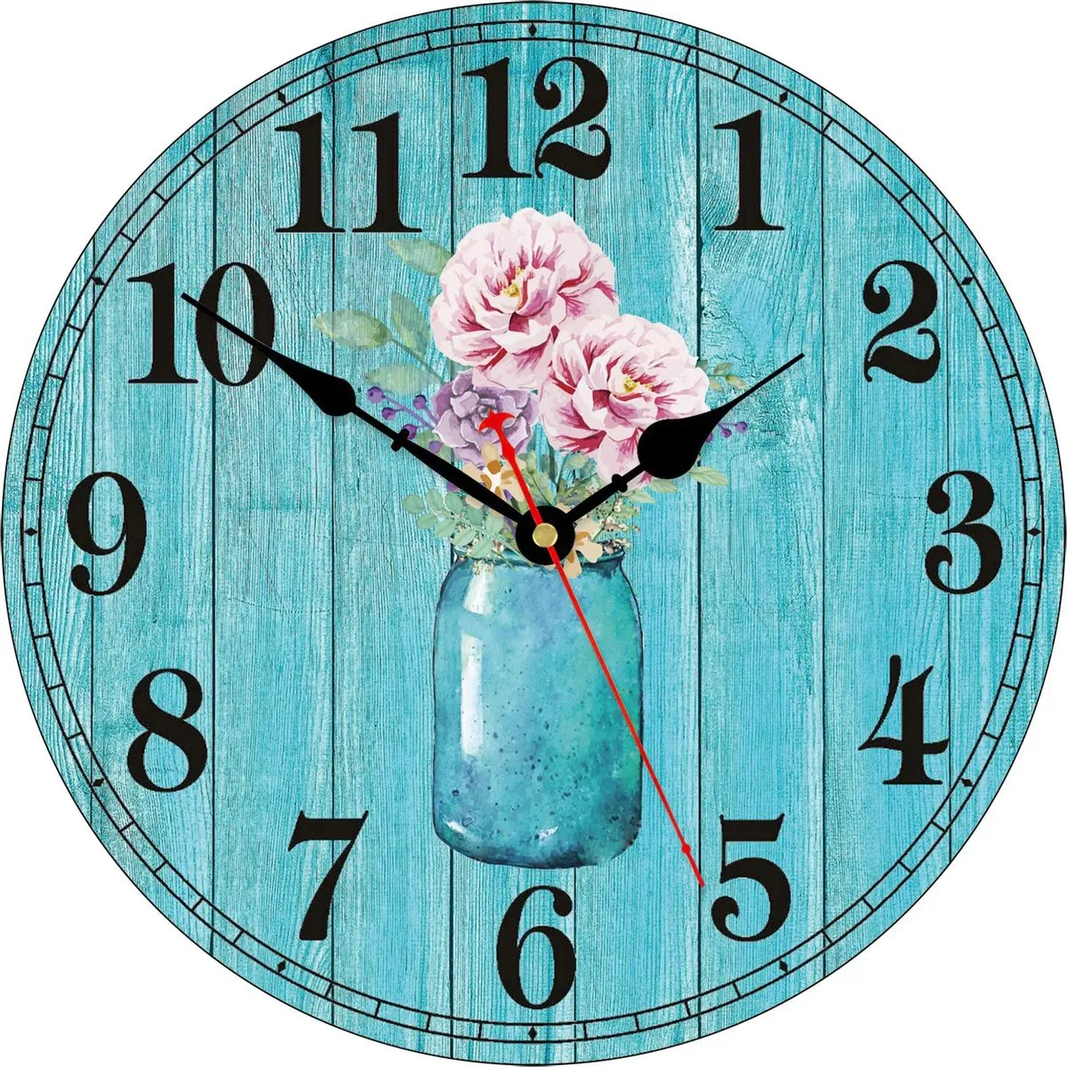 30cm Flowers in Bottle Pattern Wall Clock,Silent Non ticking Wall Clocks - Blue